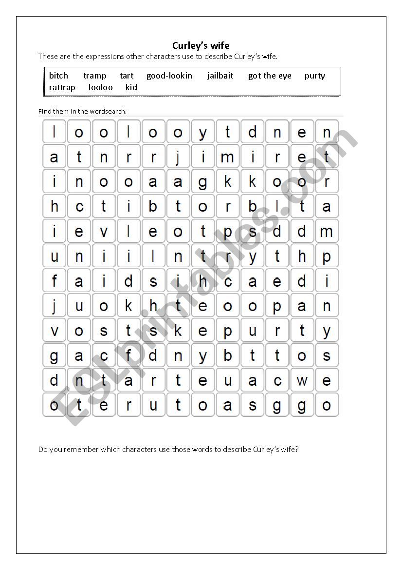 Curleys wife- wordsearch worksheet