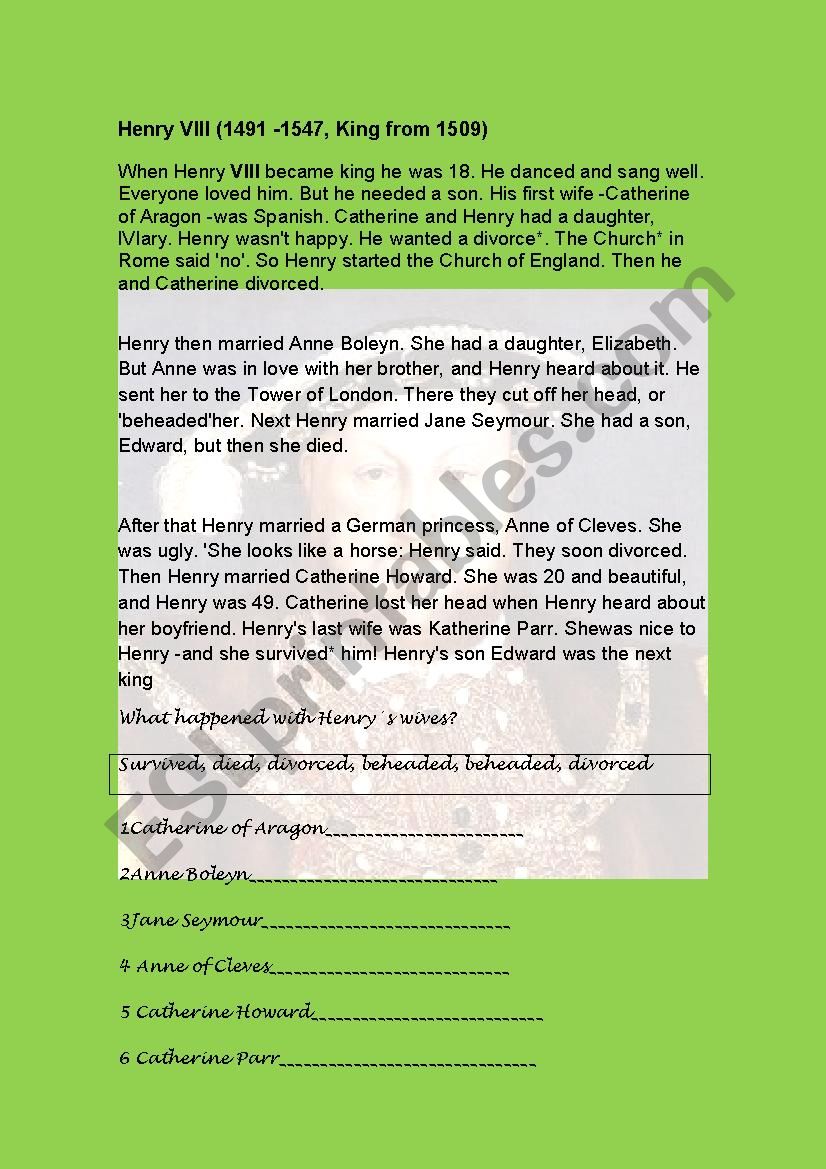 henry VIII worksheet