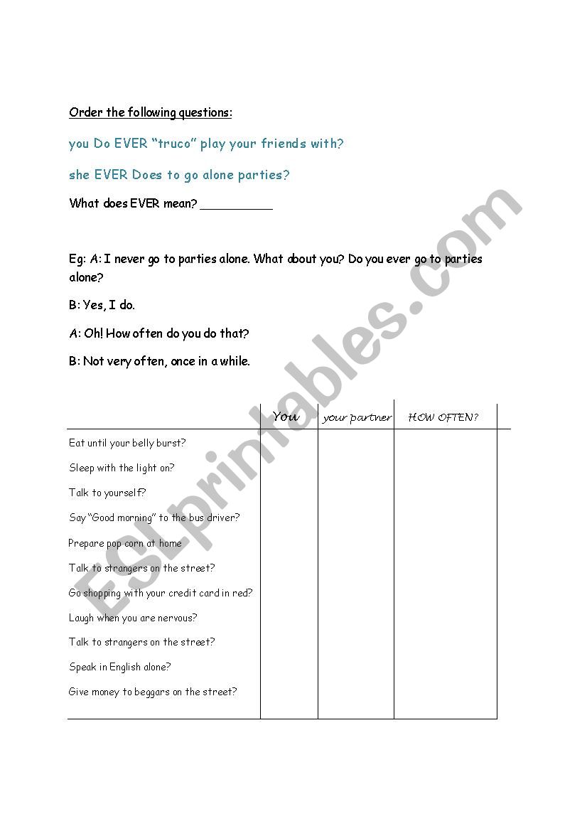 Do you ever...? worksheet