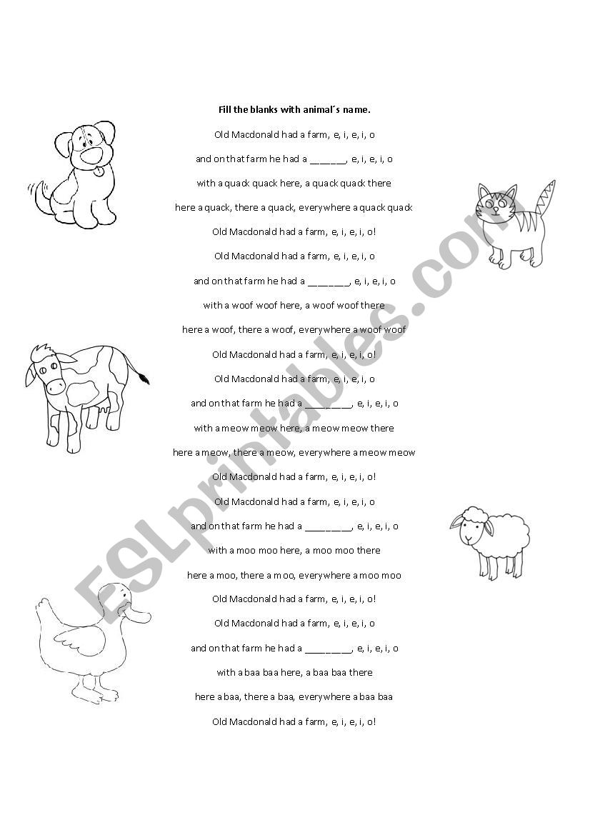 old Macdonald farm animals worksheet