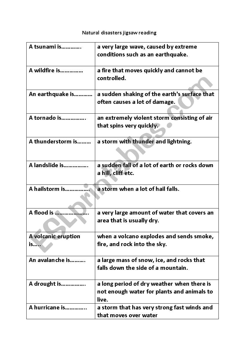 Natural disasters activity card