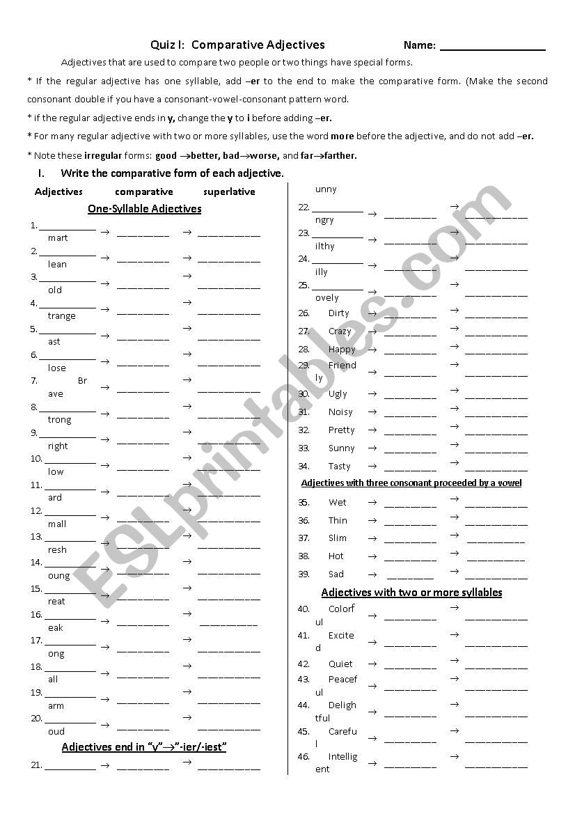 Comparative Adjective quiz worksheet