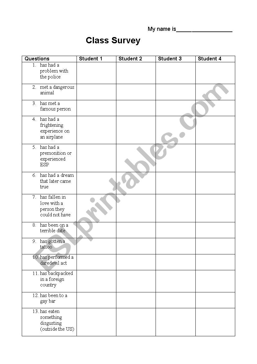 Present Perfect class survey worksheet