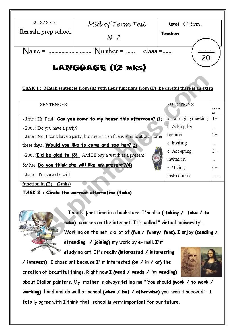 8TH MID OF TERM TEST 2  worksheet