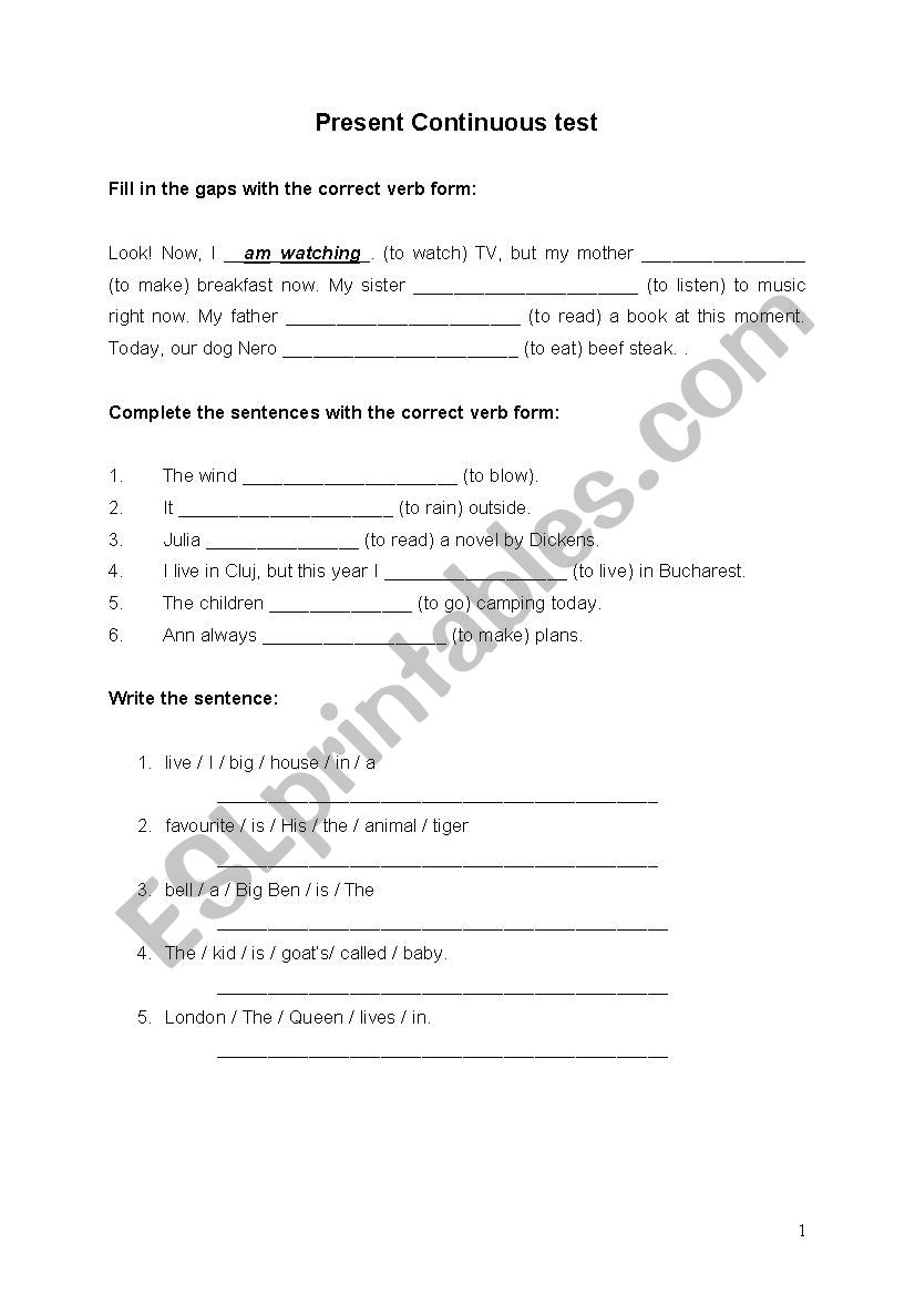 Present Continuous Test worksheet