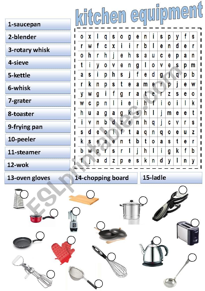 kitchen equipment worksheet