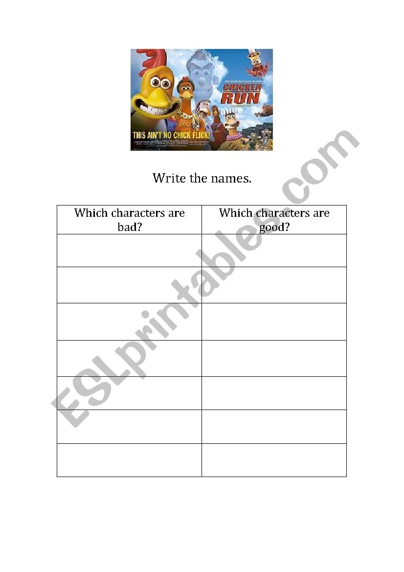 Chicken Run - Name Good and Bad characters (with character/photo list to reference