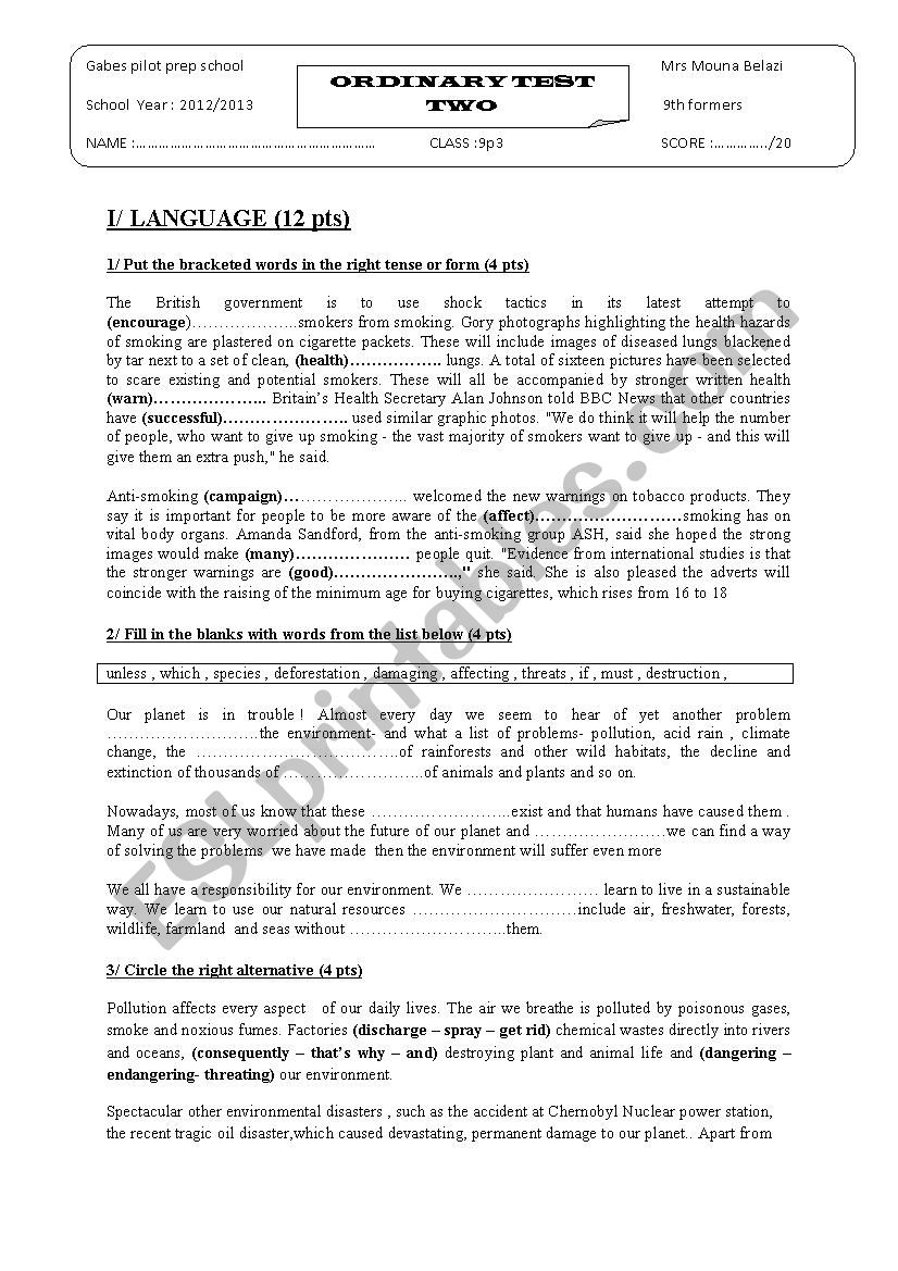 mid term test 2 9thform pioneer school