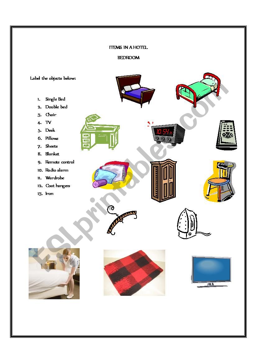 Items in a bedroom worksheet