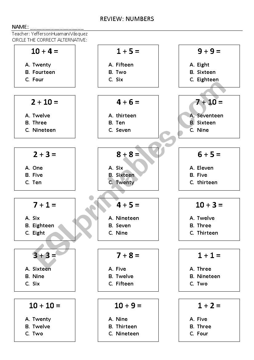 numbers worksheet