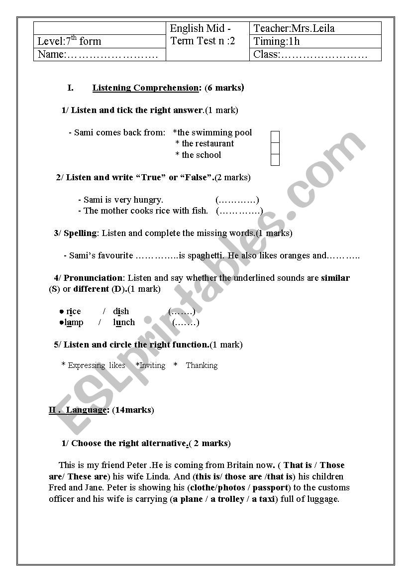 English mid-term test n 2 (7th form)