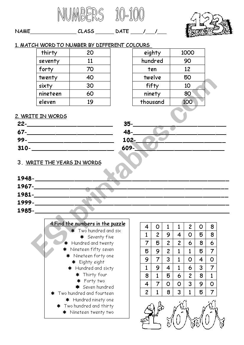 numbers worksheet