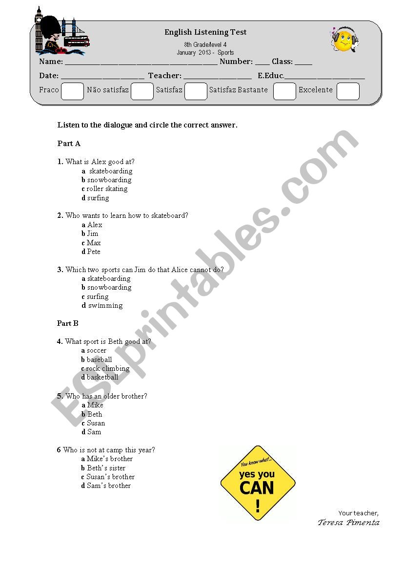 listening test- sports worksheet