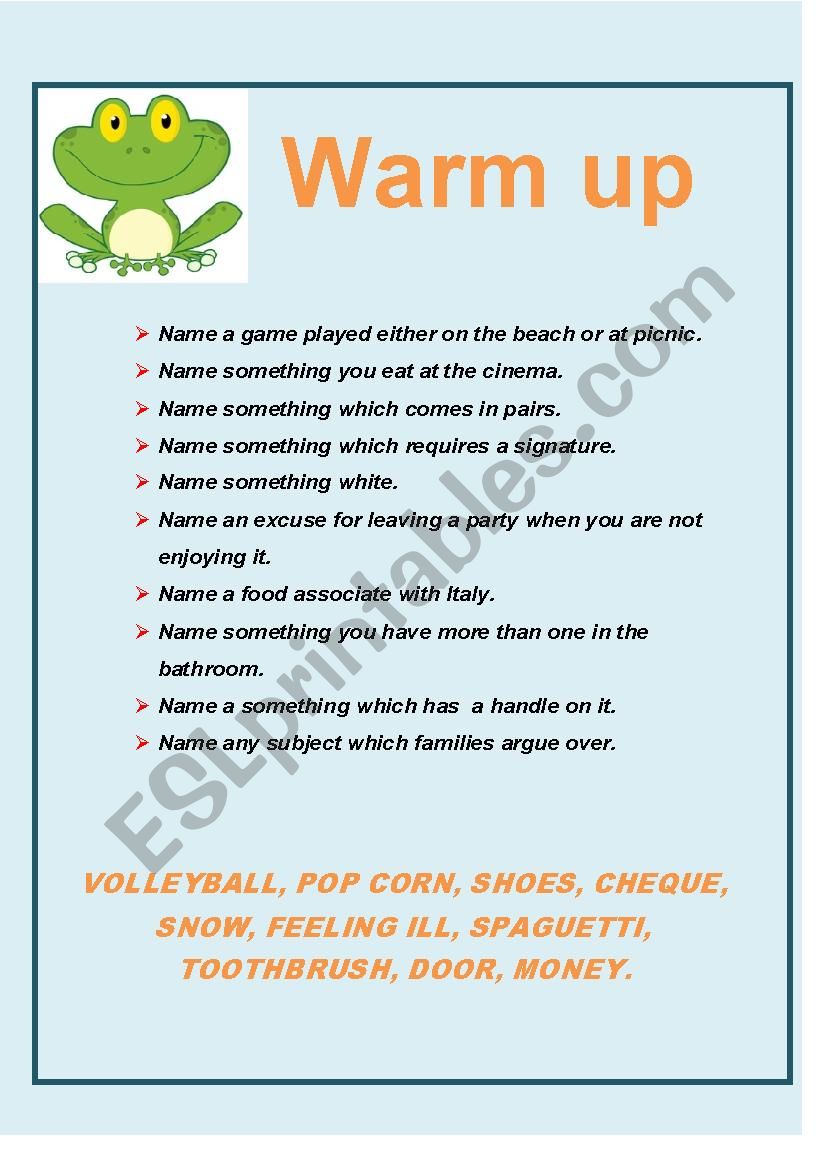 Warm up worksheet