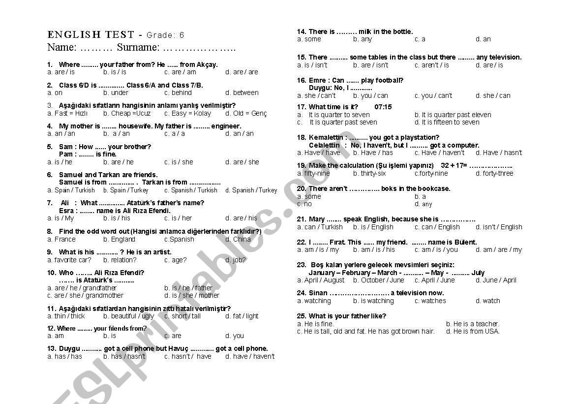 6 grade test worksheet