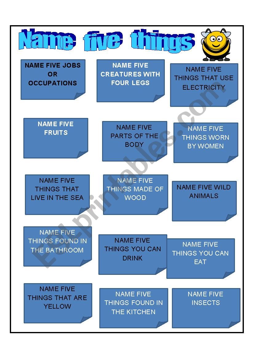 Name 5 things worksheet