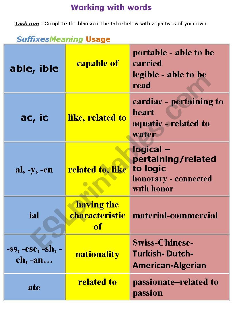 working with words 2 worksheet