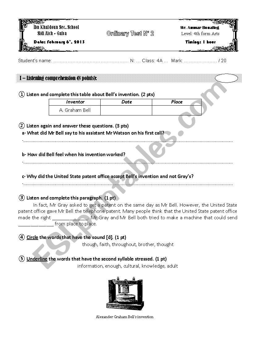 Ordinary Test2 (4th form Arts) 2013