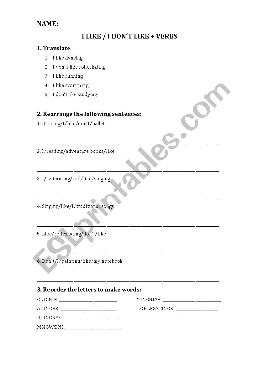 I like + verb+ ing worksheet