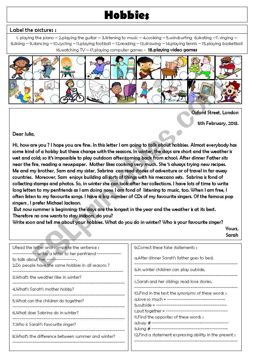 hobbies  worksheet