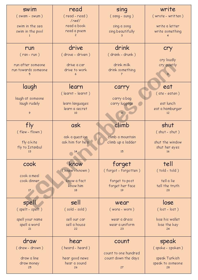 Vocabulary Cards WITH COLLOCATIONS Elementary Set 1 (Verbs 1) 