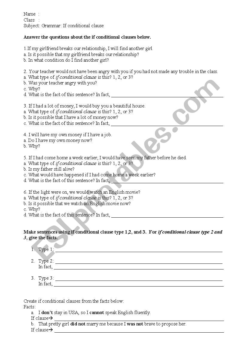 If clause exercise worksheet