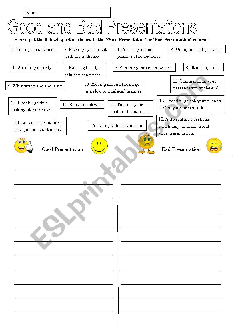 Presentation Hints and Tips worksheet