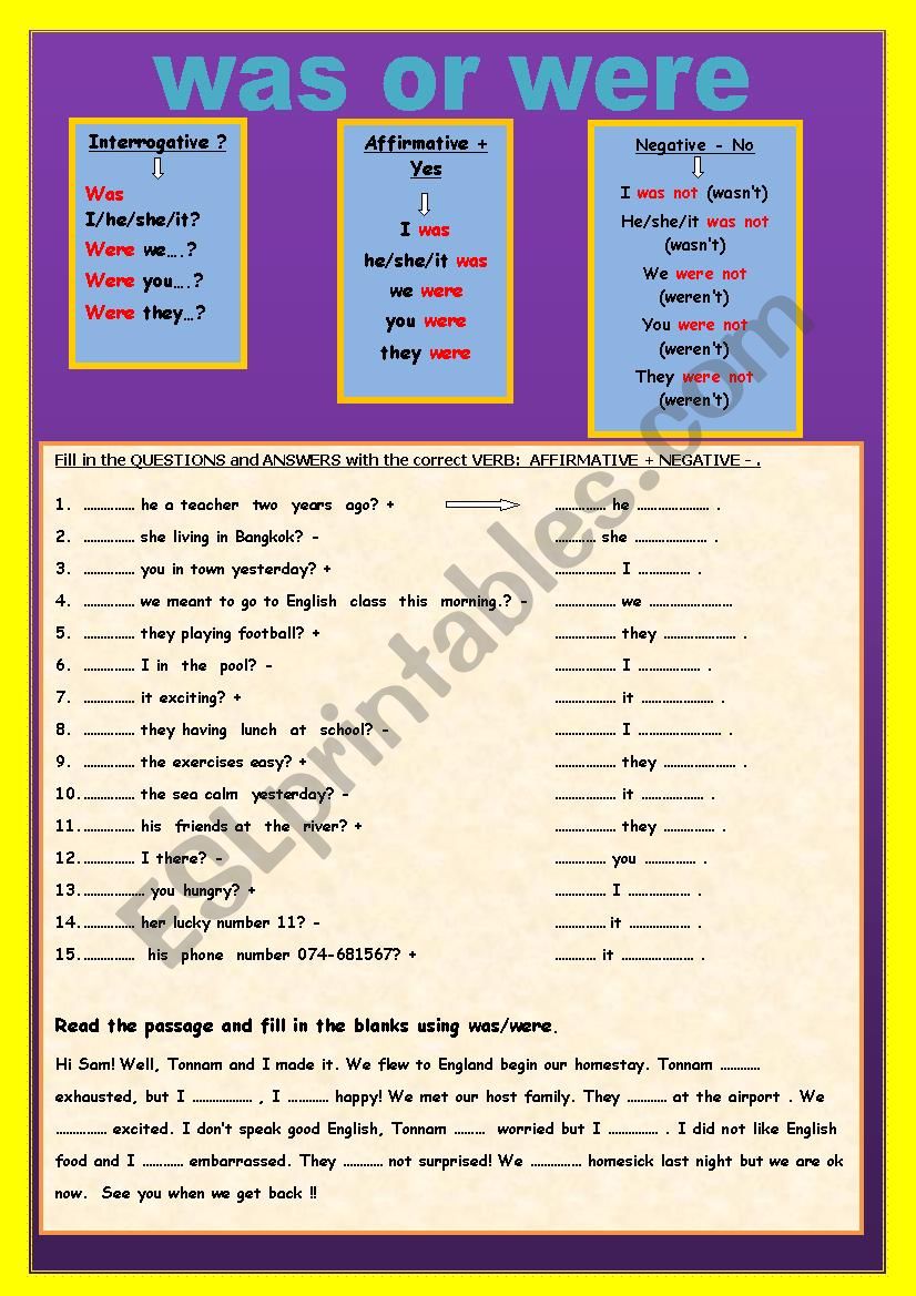 WAS / WERE and PRONOUNS worksheet