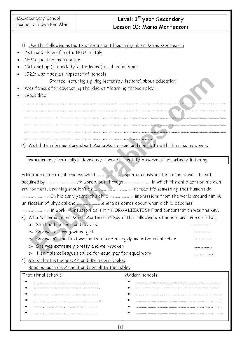 Lesson 10 First Year Secondary Education: Maria Montessori