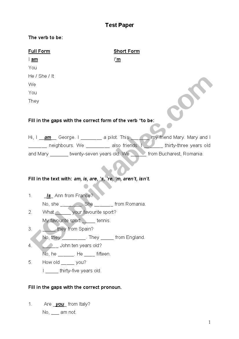 Test paper worksheet