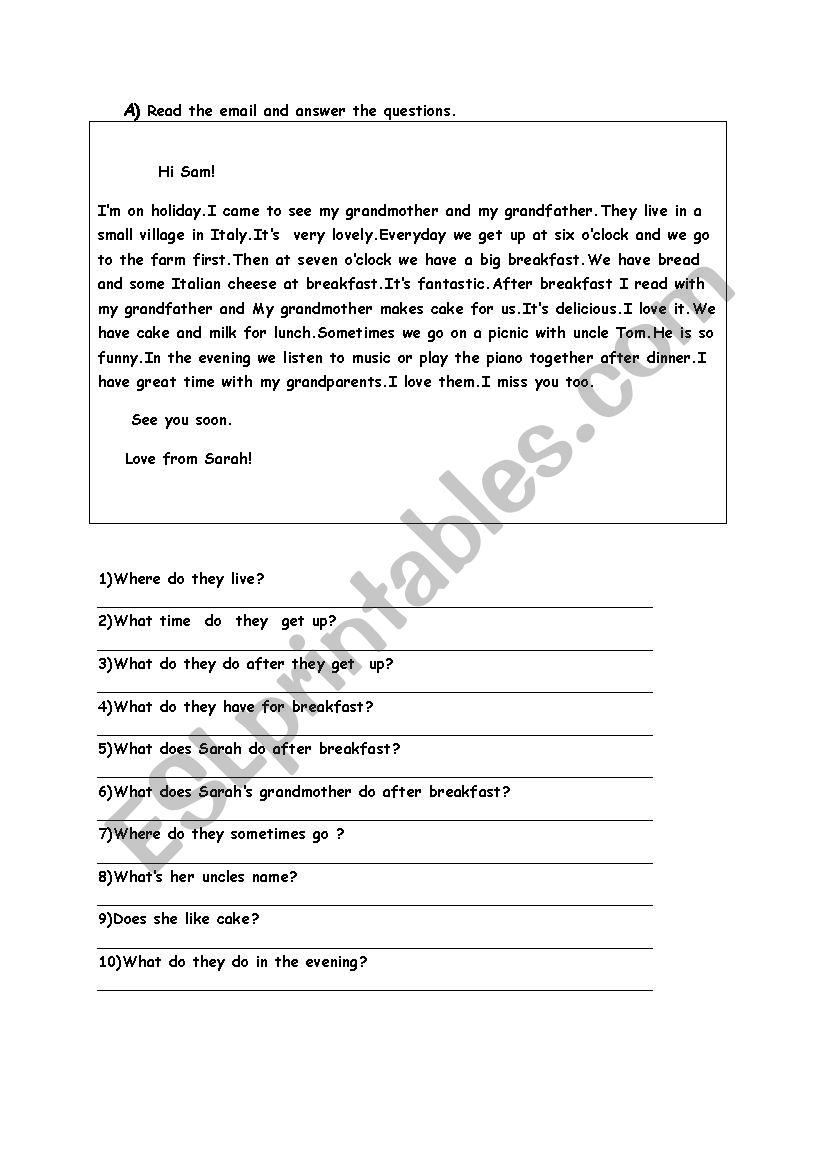 an email from Sarah! worksheet