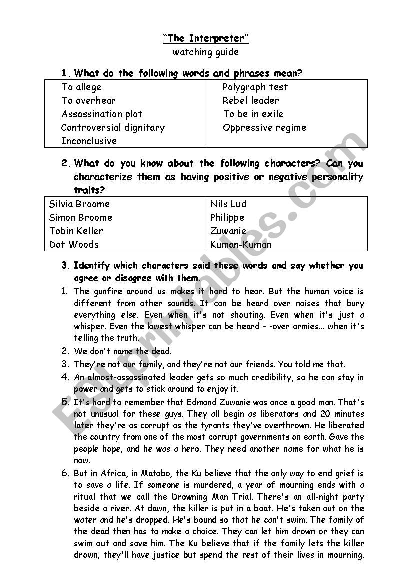 Film The Interpreter worksheet