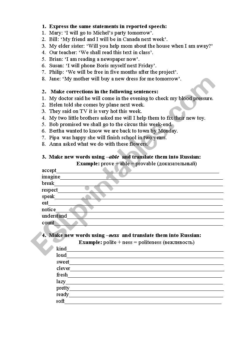 reported speech worksheet