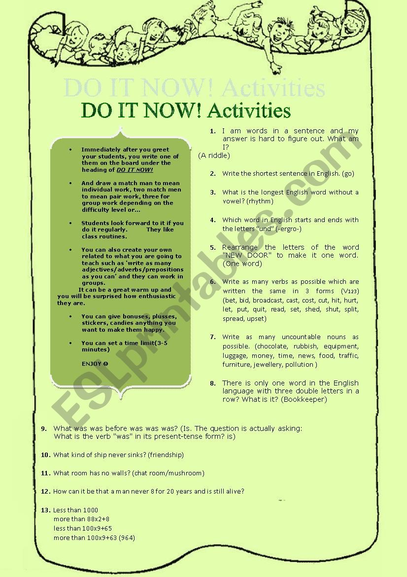 DO IT NOW! activities-riddles-language questions