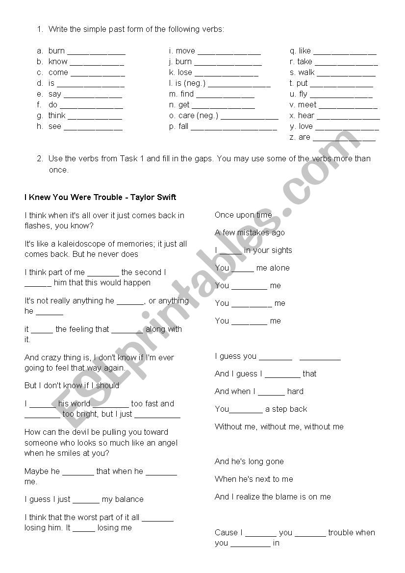 PAST SIMPLE_I KNEW YOU WERE TROUBLE…: English ESL worksheets pdf & doc