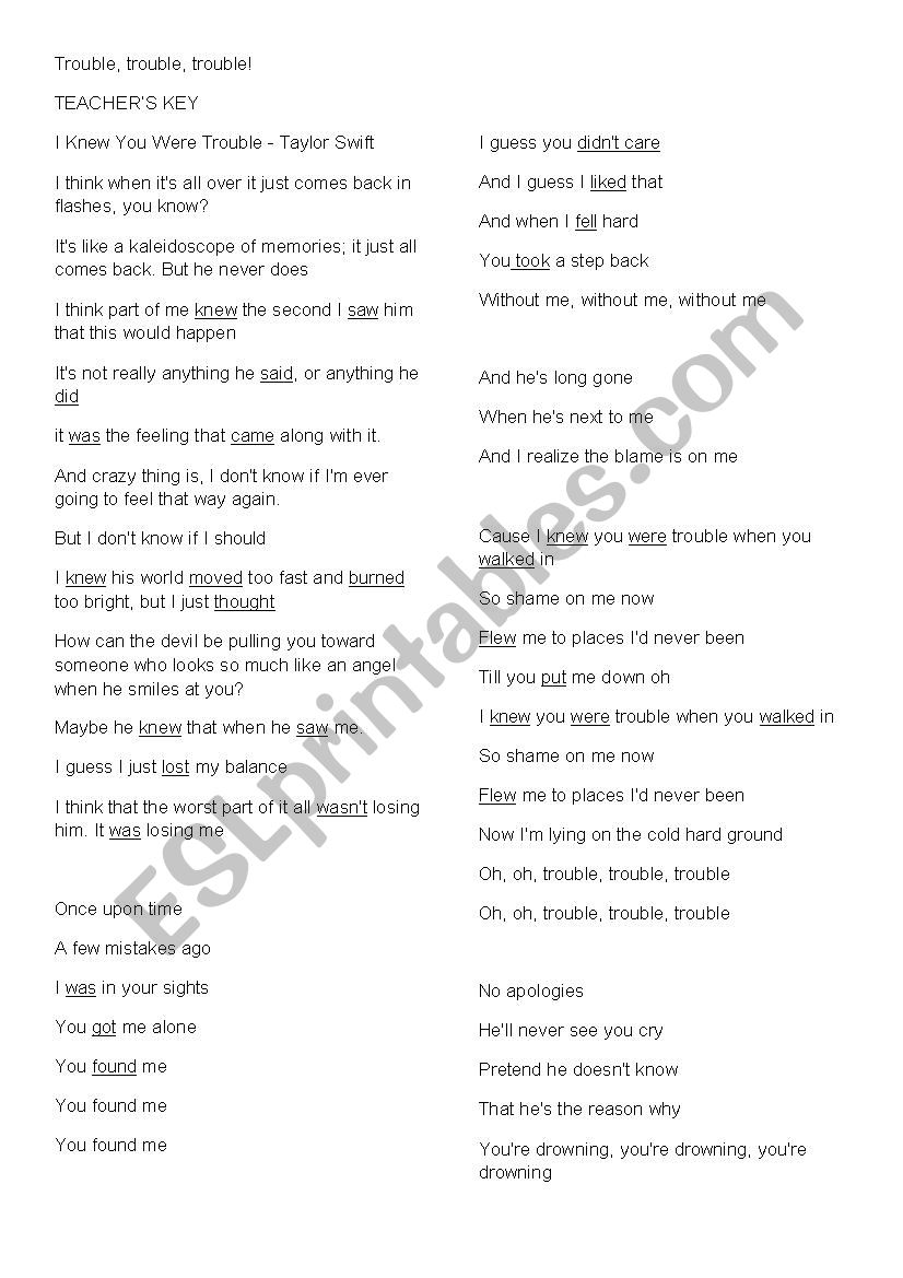 PAST SIMPLE_I KNEW YOU WERE TROUBLE…: English ESL worksheets pdf & doc