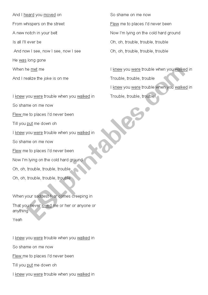 PAST SIMPLE_I KNEW YOU WERE TROUBLE…: English ESL worksheets pdf & doc