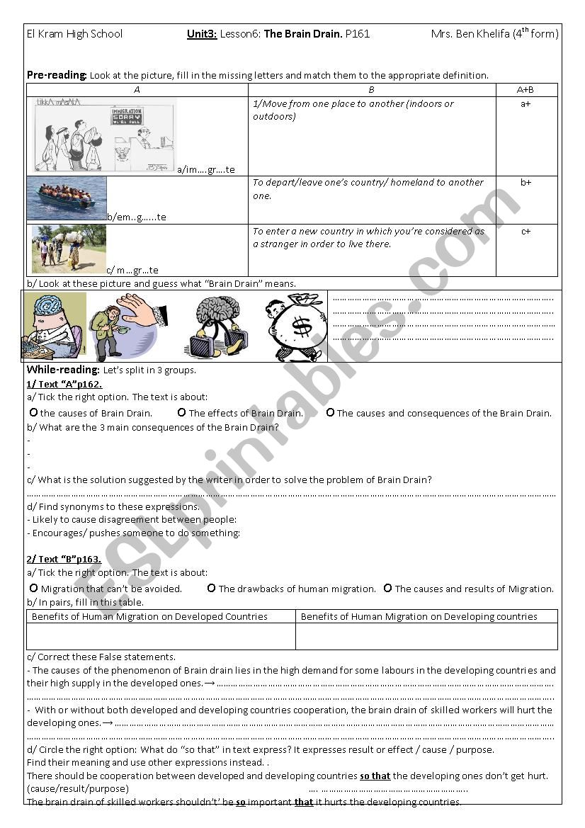 unit3lesson6 The Brain Drain worksheet