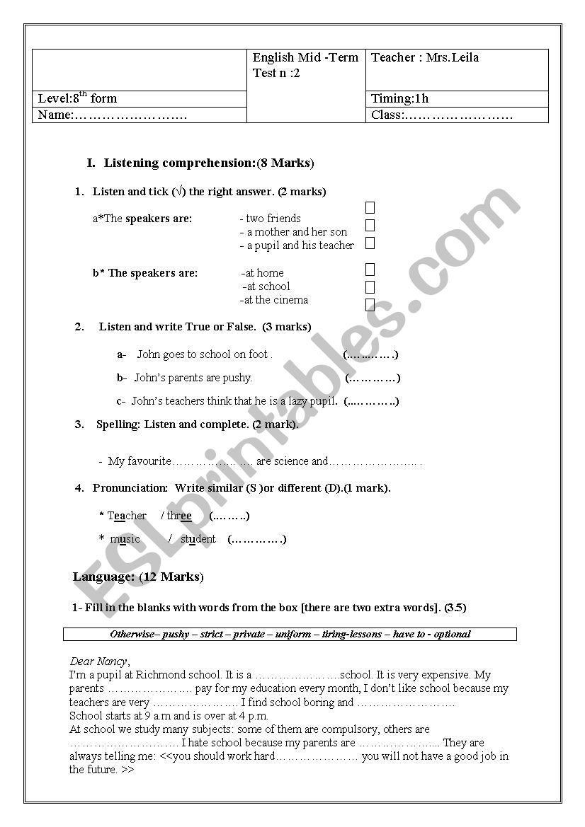 English mid-term test n 2 (8th form)