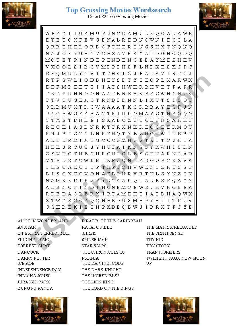 Top grossing movies wordsearch