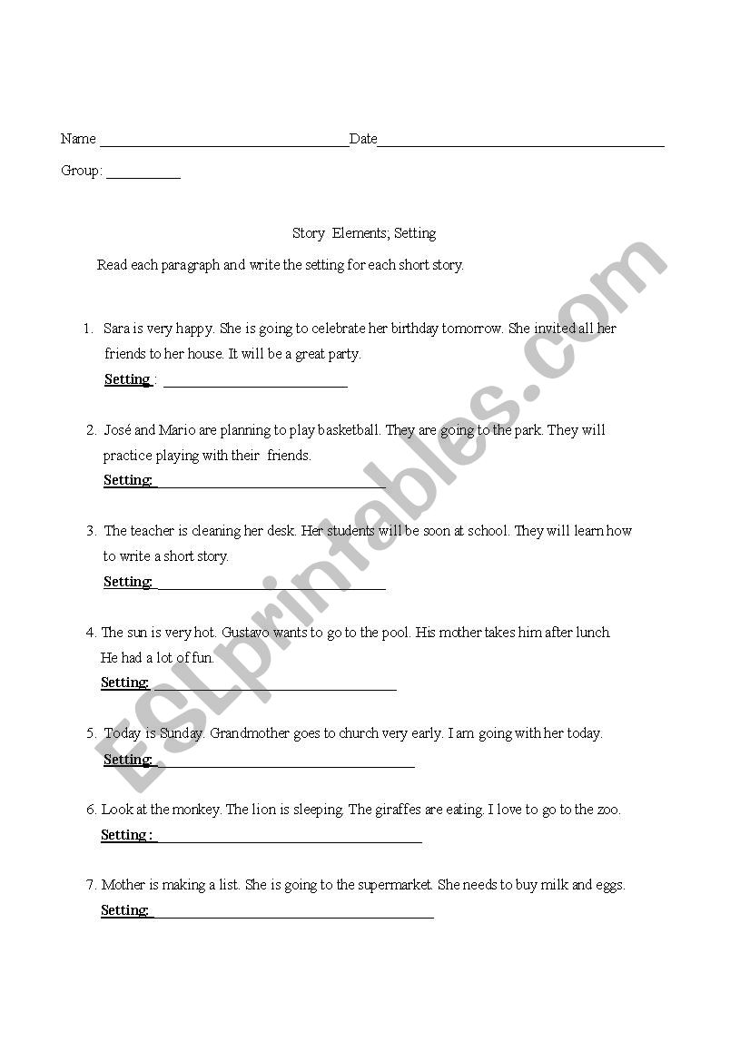 Setting Worksheet worksheet