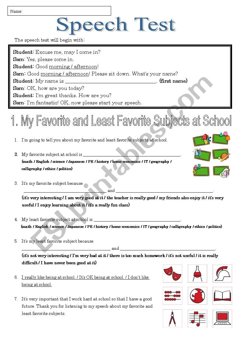 Speech Test Topics 3 worksheet