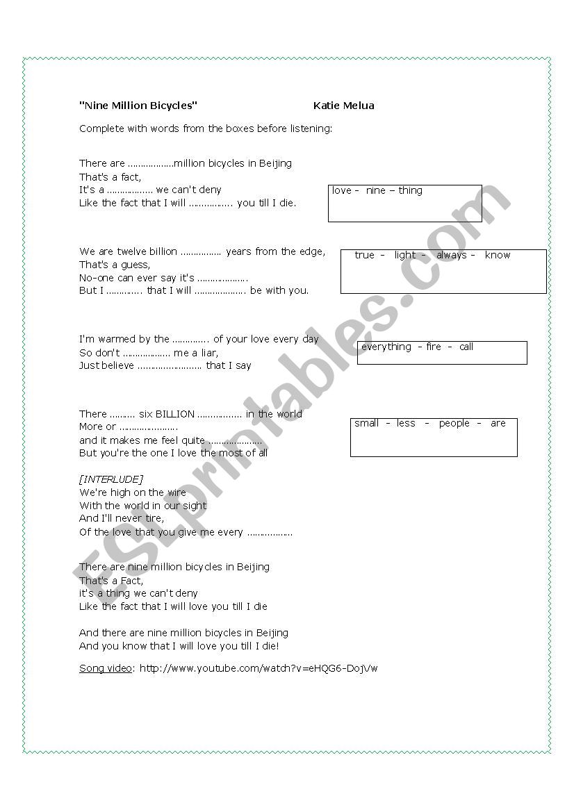 Song: Nine Million Bicycles worksheet