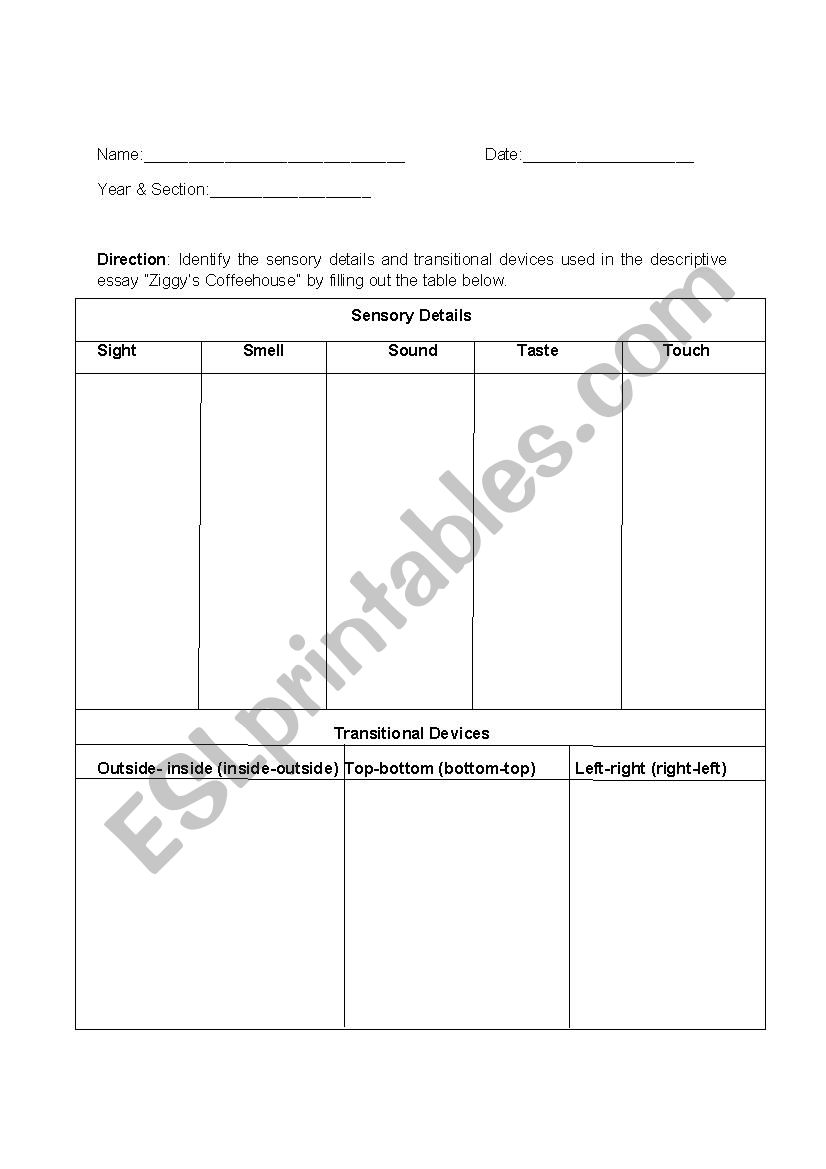 Worksheet for Sensory details worksheet
