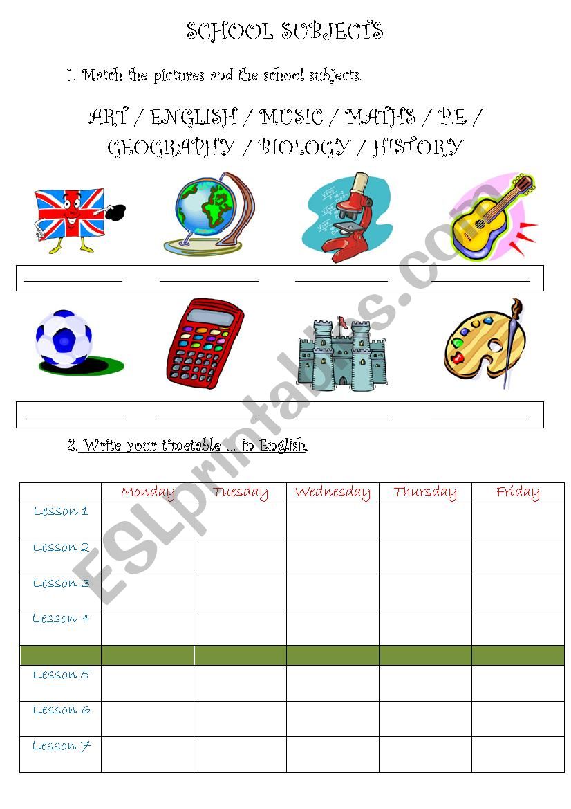 School subjects worksheet