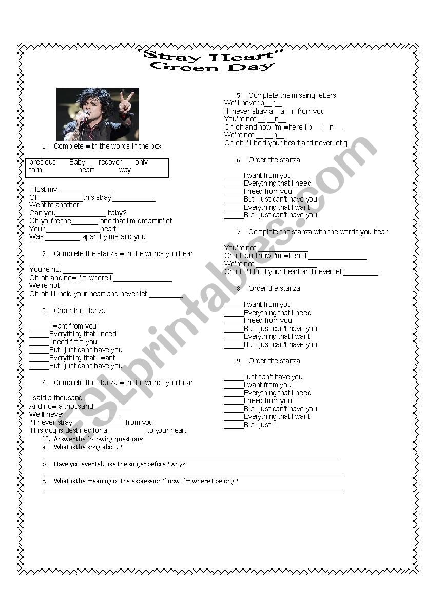 STRAY HEART (GREEN DAY) worksheet