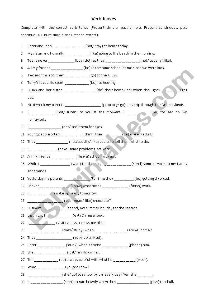 verb tenses revision worksheet