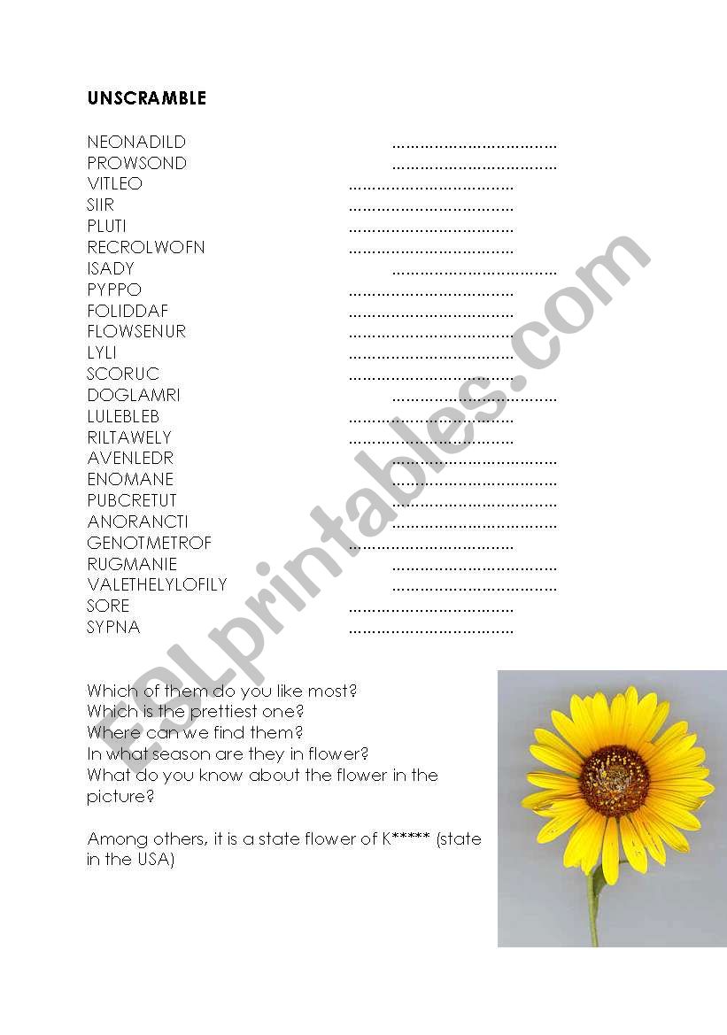 unscramble flowers worksheet