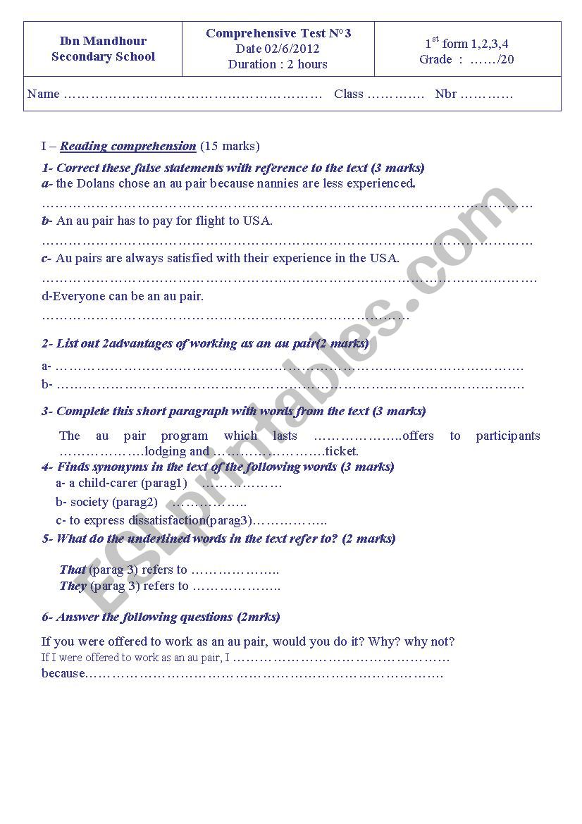 full term test n3 worksheet