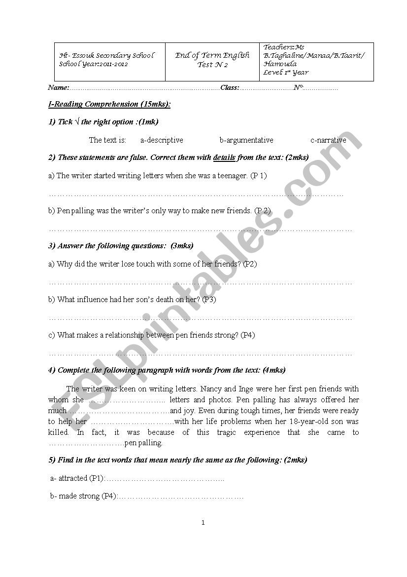 End Term Test 2 first form worksheet